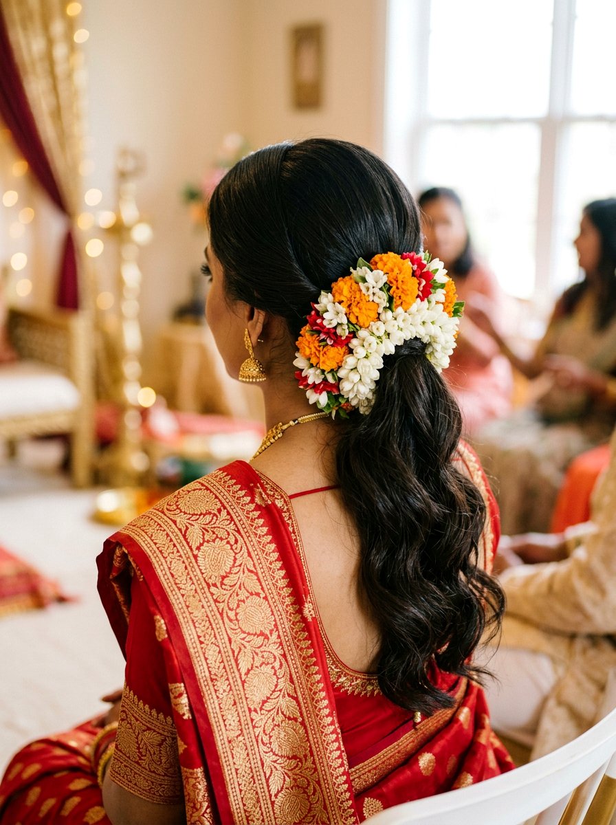 Low Ponytail Wrapped in Floral Wreath - 20 sangeet ponytail hairstyle - 20 sangeet ponytail hairstyle