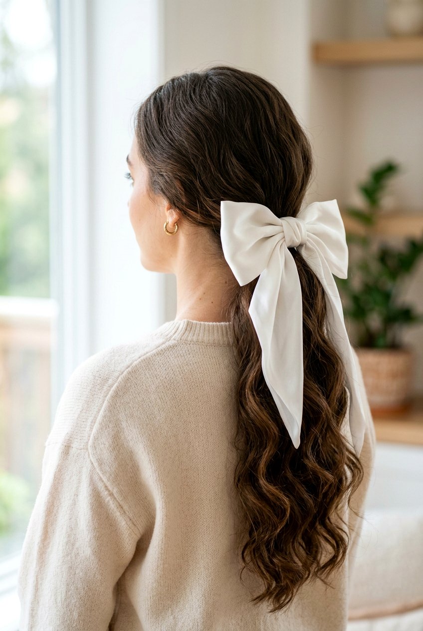 Low Ponytail with Bow - 20 bridal hairstyle for thick wavy hair - 20 bridal hairstyle for thick wavy hair