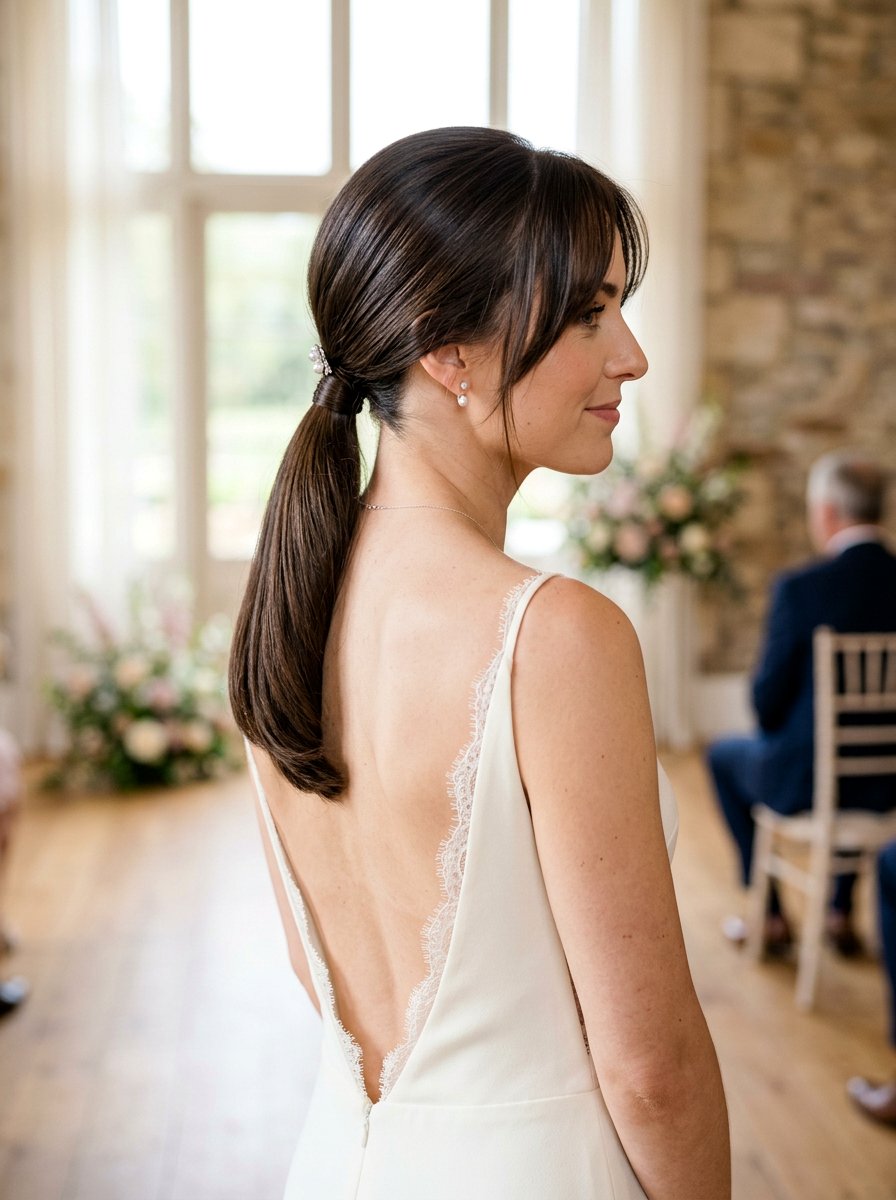 Low Ponytail with Parted Bangs - 20 wedding hairstyles for brides with bangs - 20 wedding hairstyles for brides with bangs
