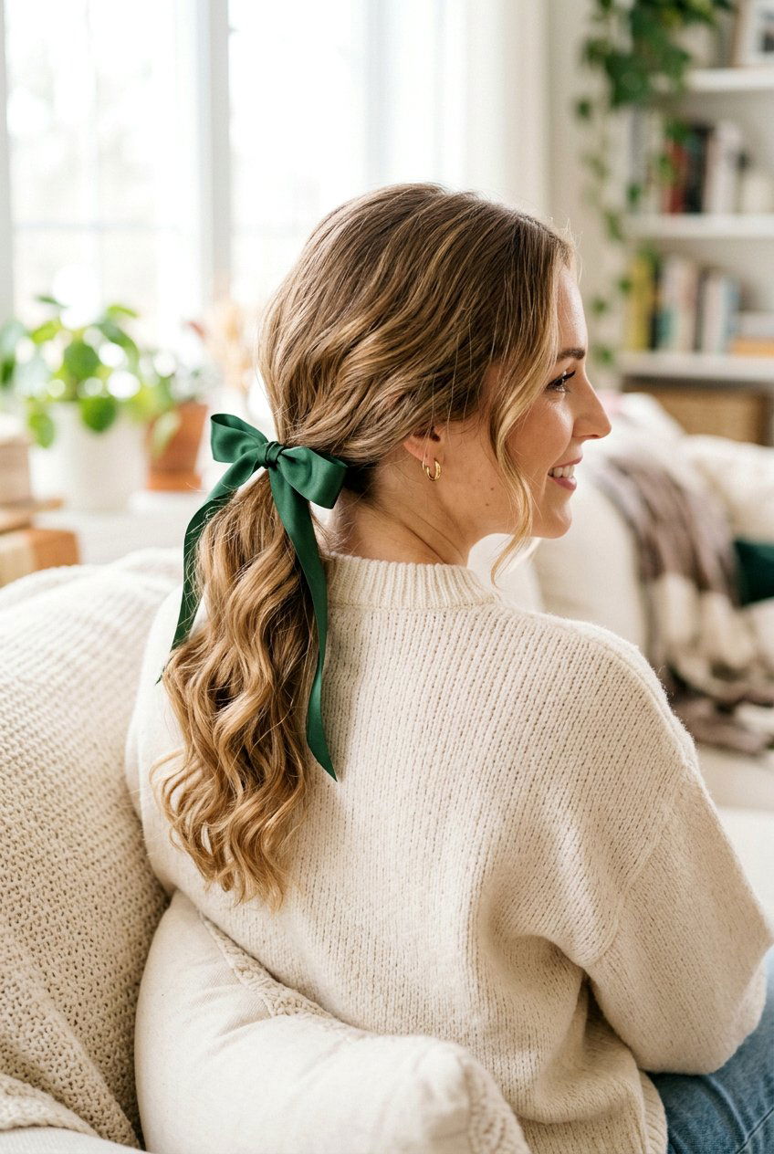 Low Ribbon Wrapped Ponytail With Green Bow - 20 christmas bow ponytail - 20 christmas bow ponytail