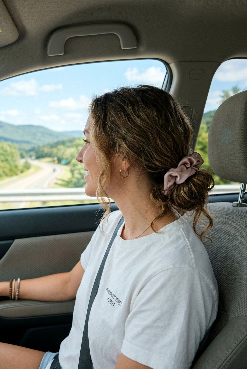 Low Scrunchie Bun Road Trip Hairstyle - 20 road trip hairstyles - 20 road trip hairstyles