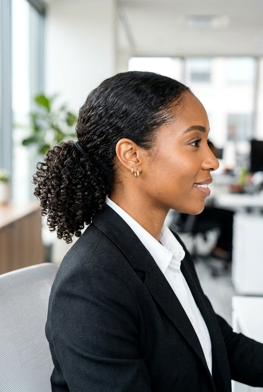 Low Shingled Ponytail - 20 easy work hairstyle for long curly hair - 20 easy work hairstyle for long curly hair