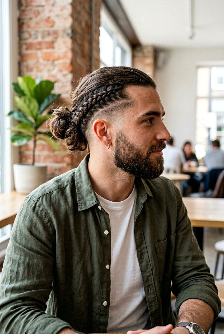 Low Side Braid Man Bun - 20 braided man bun hairstyle - 20 braided man bun hairstyle