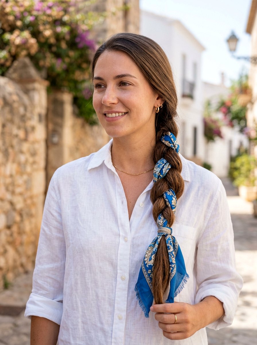 Low Side Braid Scarf - 20 scarf braid hairstyle for women - 20 scarf braid hairstyle for women