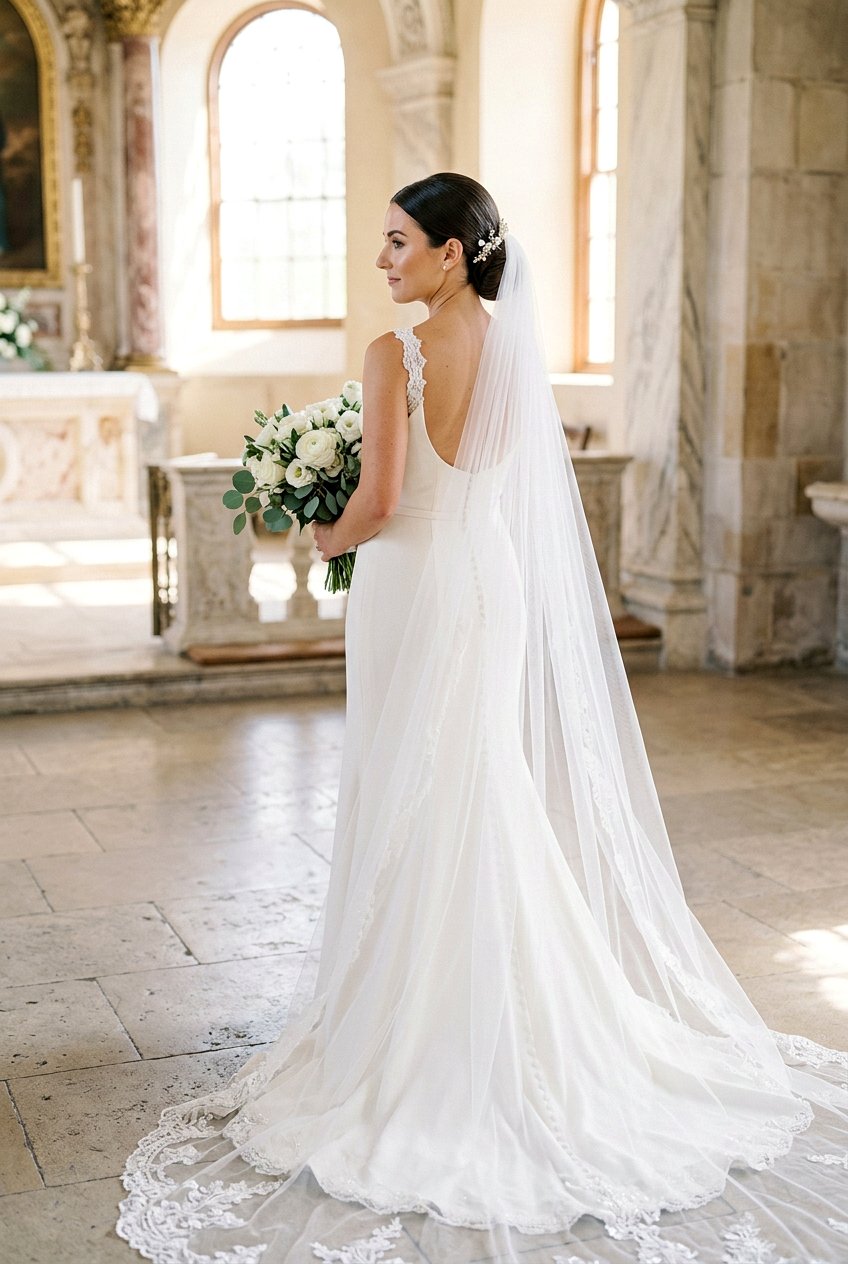 Low Side Bun With Cathedral Veil - 20 bridal side bun with veil - 20 bridal side bun with veil