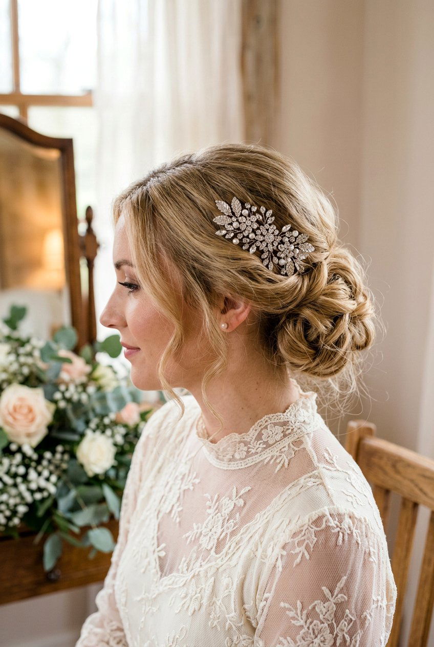 Low Side Bun With Crystal Hairpins - 20 crystal hairpin bridal hairstyle - 20 crystal hairpin bridal hairstyle