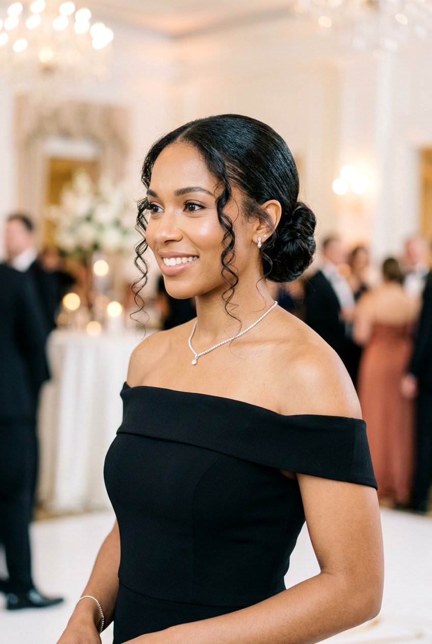 Low Side Chignon With Curly Tendrils - 20 bridesmaid side bun with curls - 20 bridesmaid side bun with curls