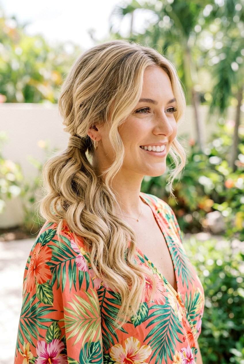 Low Side Ponytail With Loose Waves - 20 tropical ponytail hairstyle with curls - 20 tropical ponytail hairstyle with curls