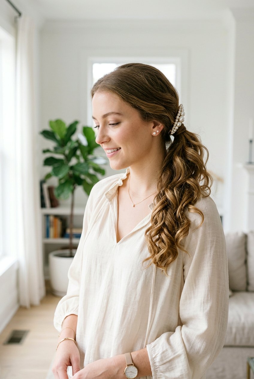 Low Side Ponytail With Pearl Clip - 20 pearl clip hairstyles - 20 pearl clip hairstyles