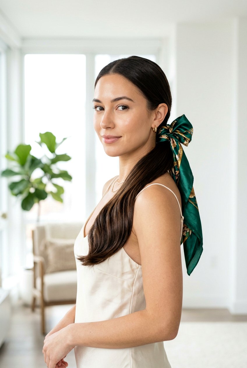 Low Side Ponytail With Satin Scarf - 20 scarf ponytail hairstyle - 20 scarf ponytail hairstyle