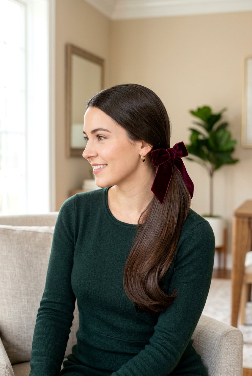 Low Side Ponytail With Velvet Bow - 20 bow hairstyles for women - 20 bow hairstyles for women