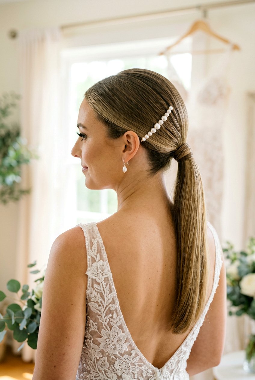 Low Sleek Bridal Ponytail - 20 bridal ponytail with pearl pins - 20 bridal ponytail with pearl pins