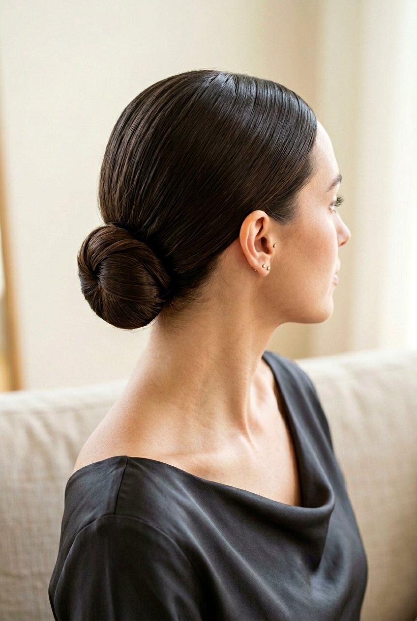 Low Sleek Bun With Center Part - 20 birthday hairstyles for women - 20 birthday hairstyles for women