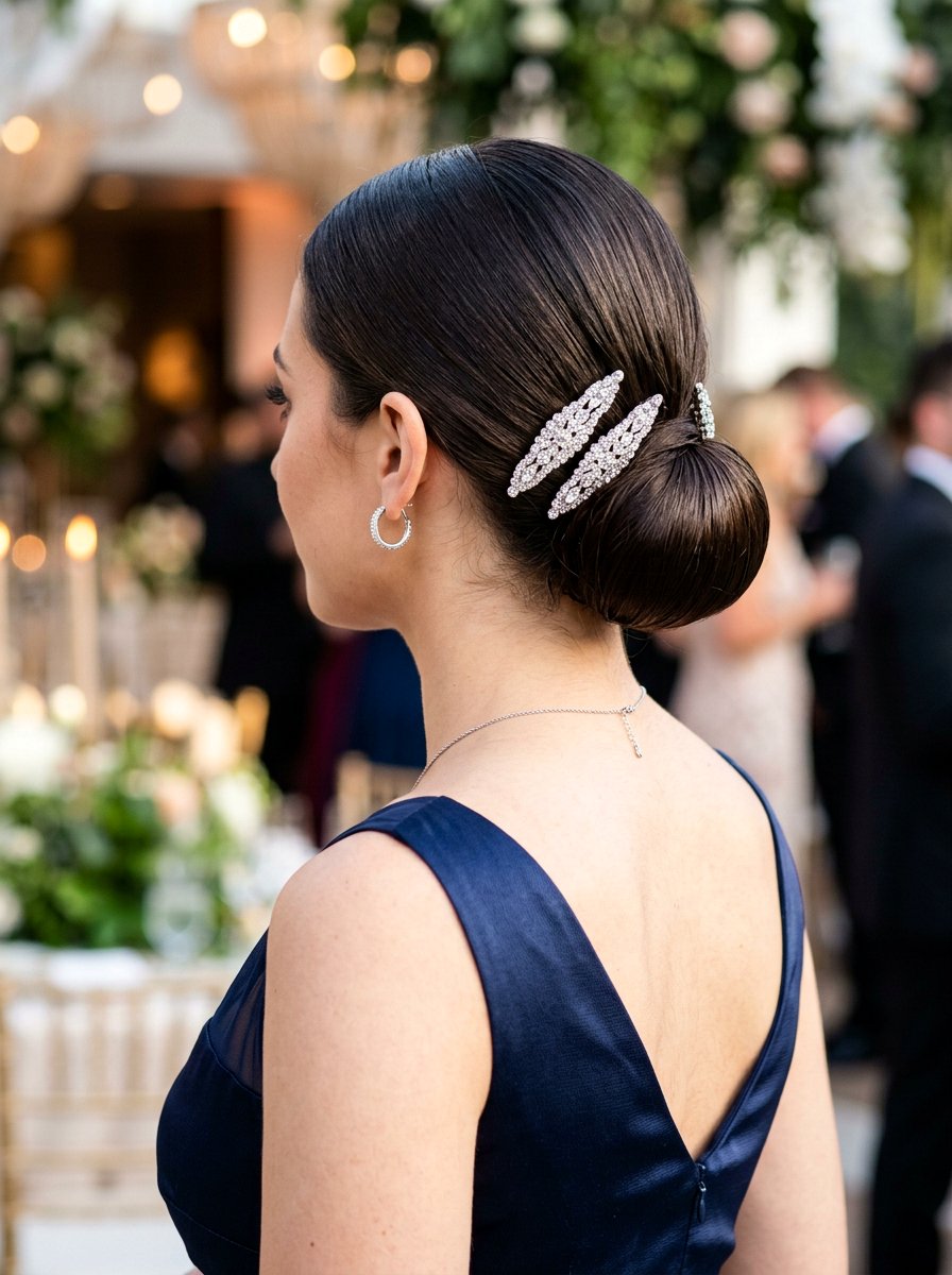 Low Sleek Bun With Rhinestone Clips - 20 prom hairstyles with rhinestone clips - 20 prom hairstyles with rhinestone clips