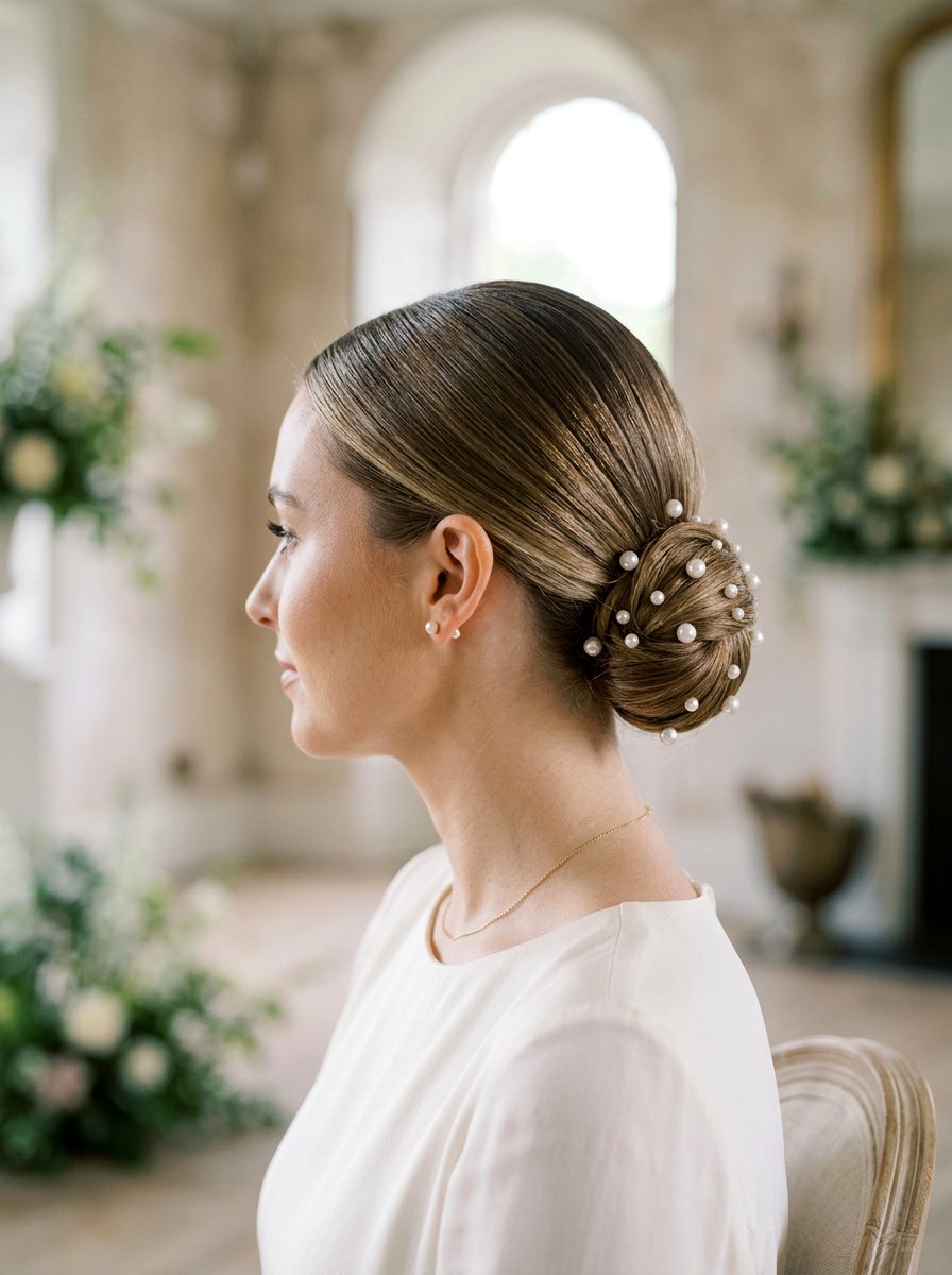 Low Sleek Bun With Scattered Pearls - 20 pearl embellished bun hairstyle - 20 pearl embellished bun hairstyle