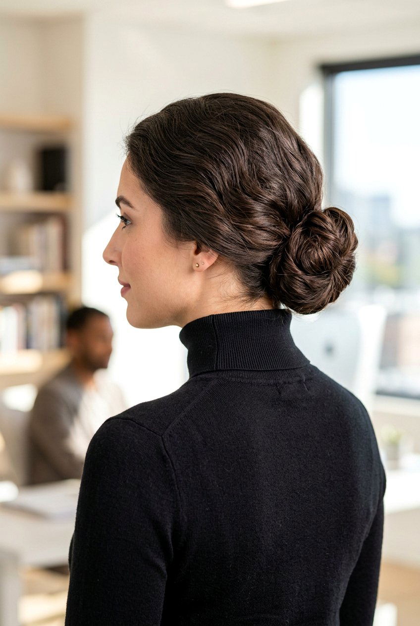 Low Sleek Chignon - 20 office hairstyle for thick wavy hair - 20 office hairstyle for thick wavy hair