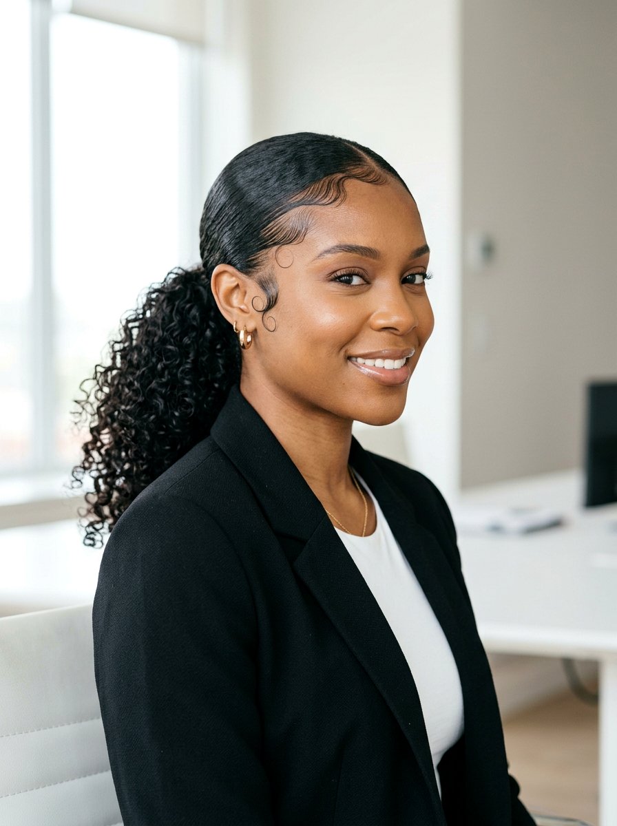 Low Sleek Curly Ponytail With Slicked Edges - 20 humidity proof curly ponytail - 20 humidity proof curly ponytail