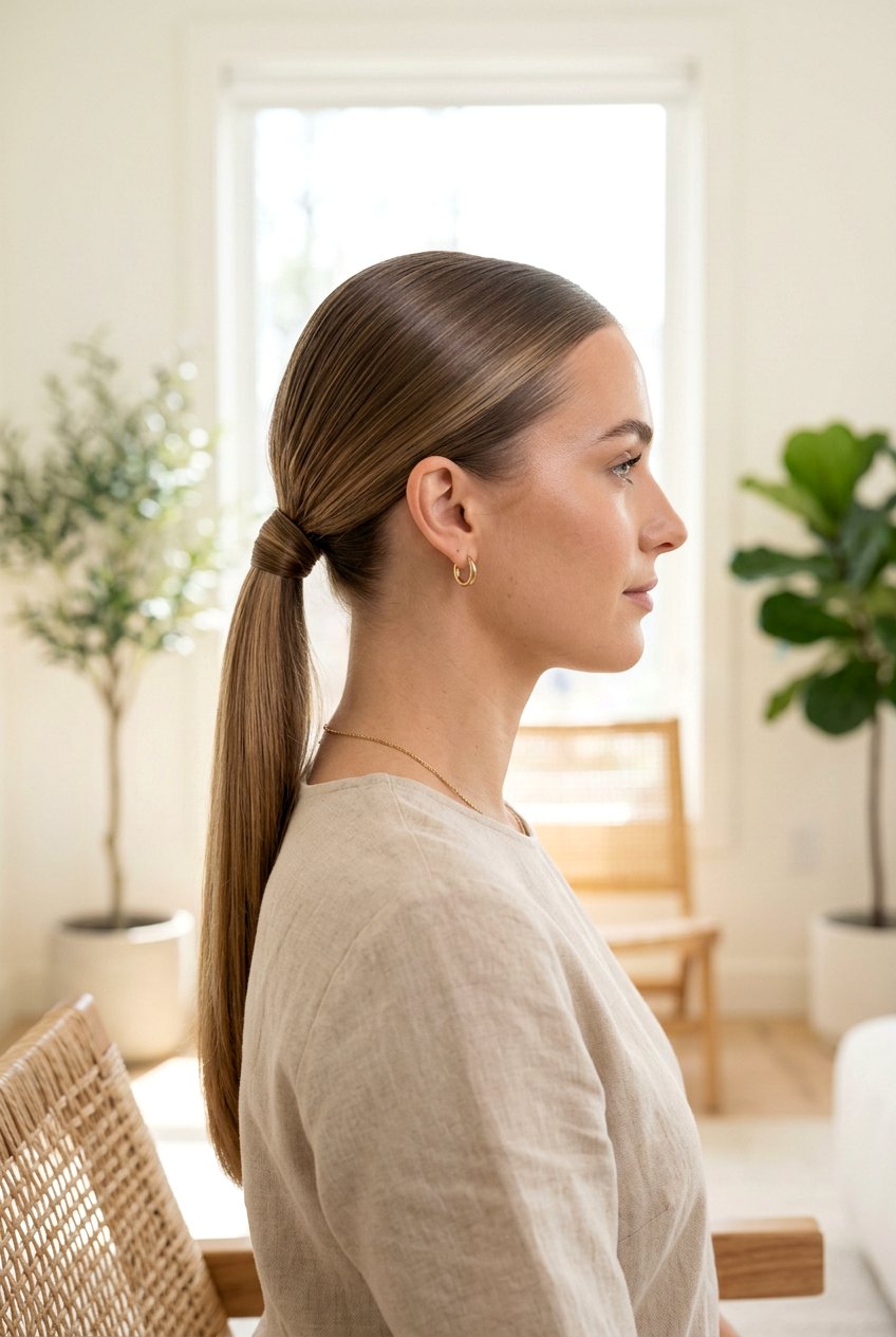 Low Sleek Ponytail - 20 clean girl hairstyles - 20 clean girl hairstyles