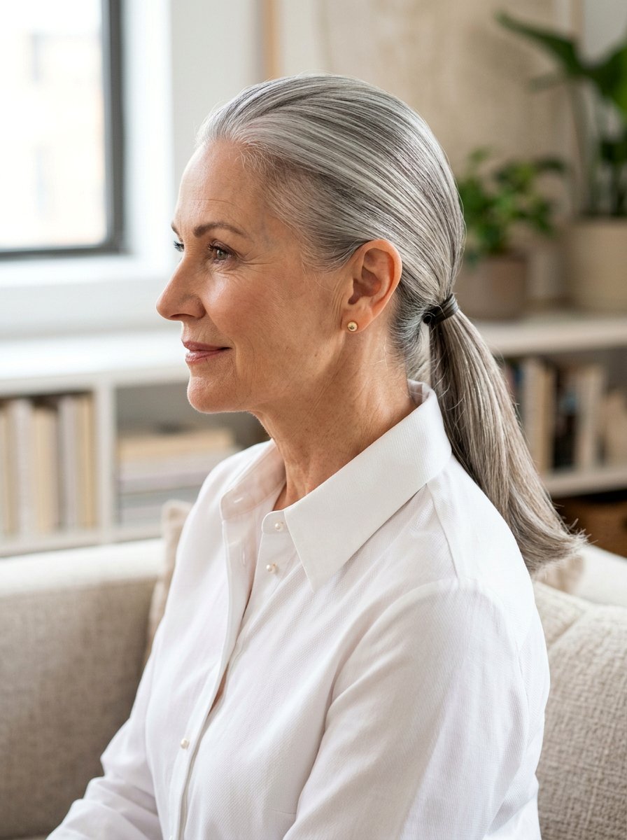 Low Sleek Ponytail - 20 elegant ponytail hairstyle for older women - 20 elegant ponytail hairstyle for older women
