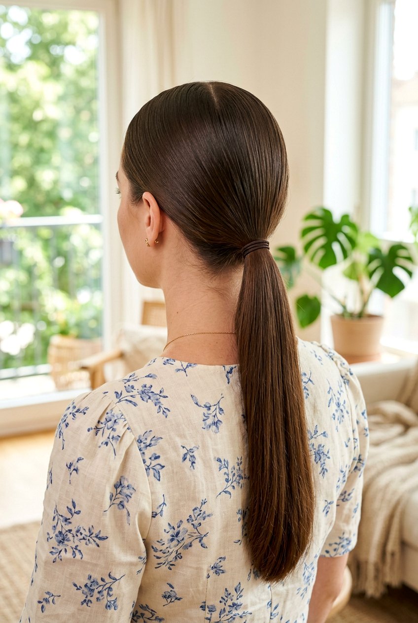 Low Sleek Ponytail For Humid Days - 20 anti frizz hairstyles for summer - 20 anti frizz hairstyles for summer