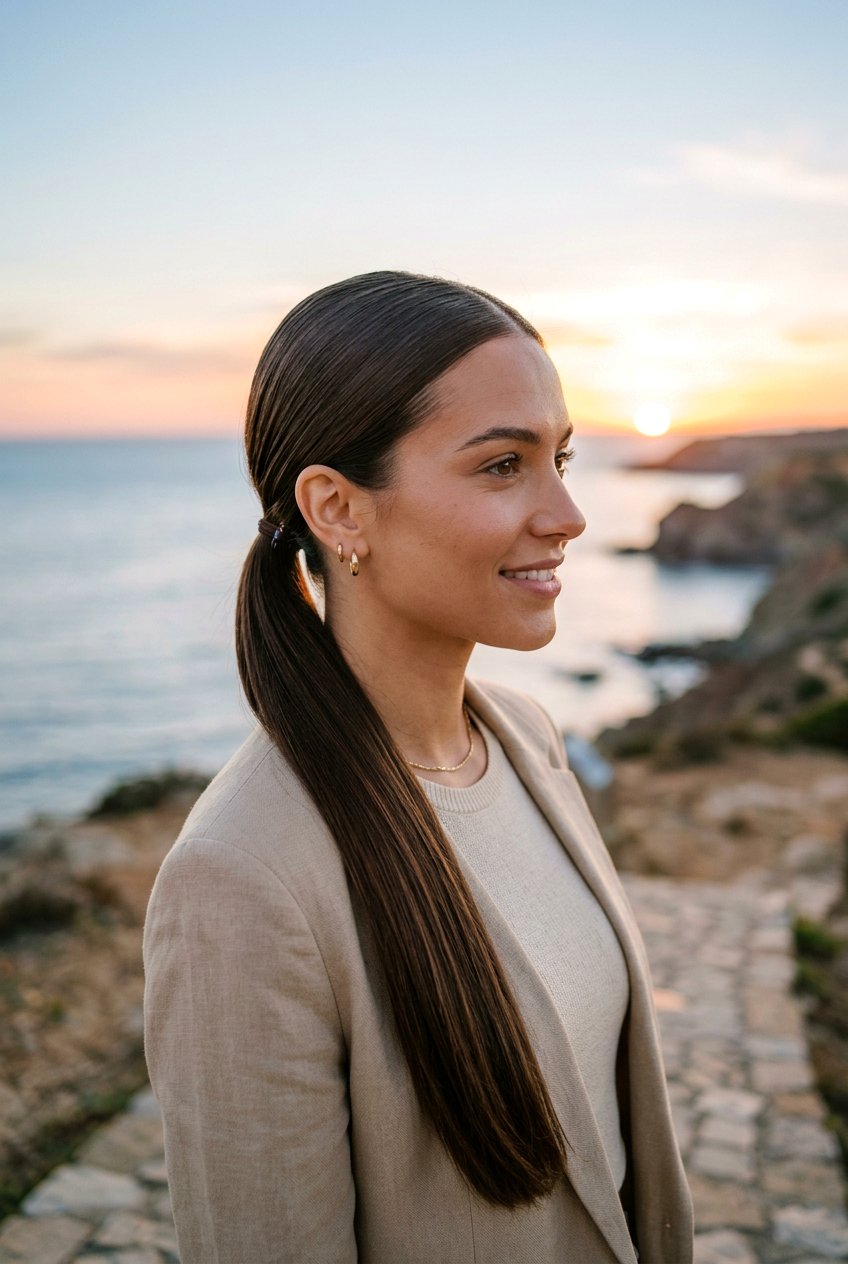 Low Sleek Ponytail For Sunset - 20 sunset photo shoot hairstyles - 20 sunset photo shoot hairstyles