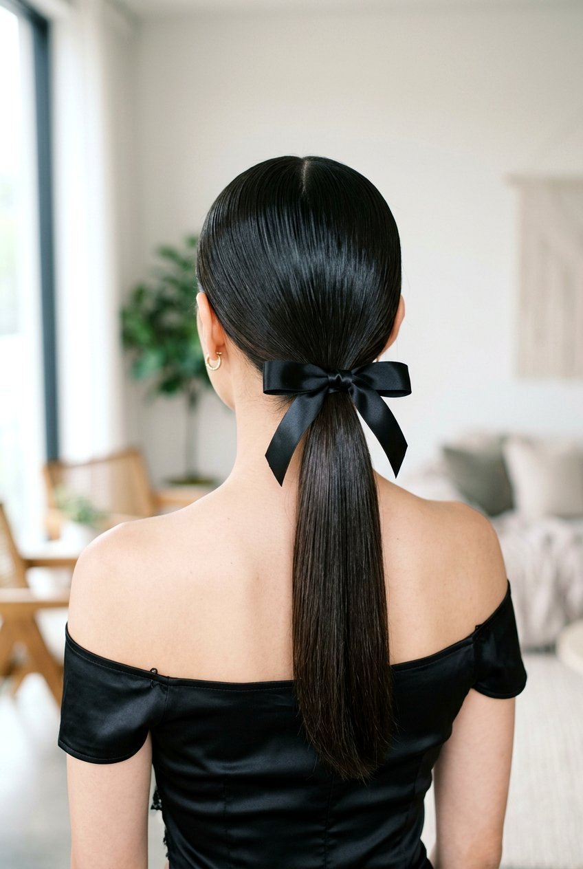 Low Sleek Ponytail With Ribbon - 20 simple festive hairstyles - 20 simple festive hairstyles