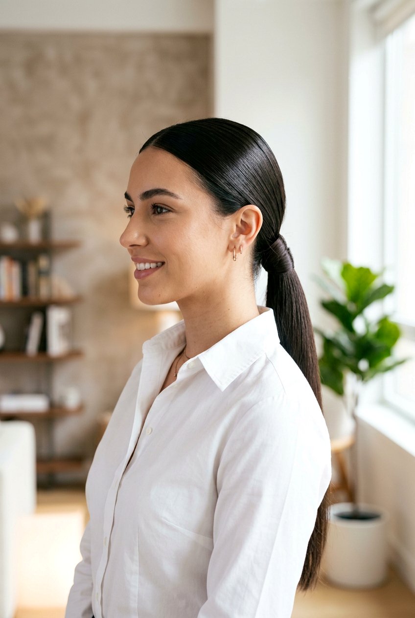 Low Sleek Ponytail for Long Hair in Monsoon - 20 monsoon hairstyle for long hair - 20 monsoon hairstyle for long hair