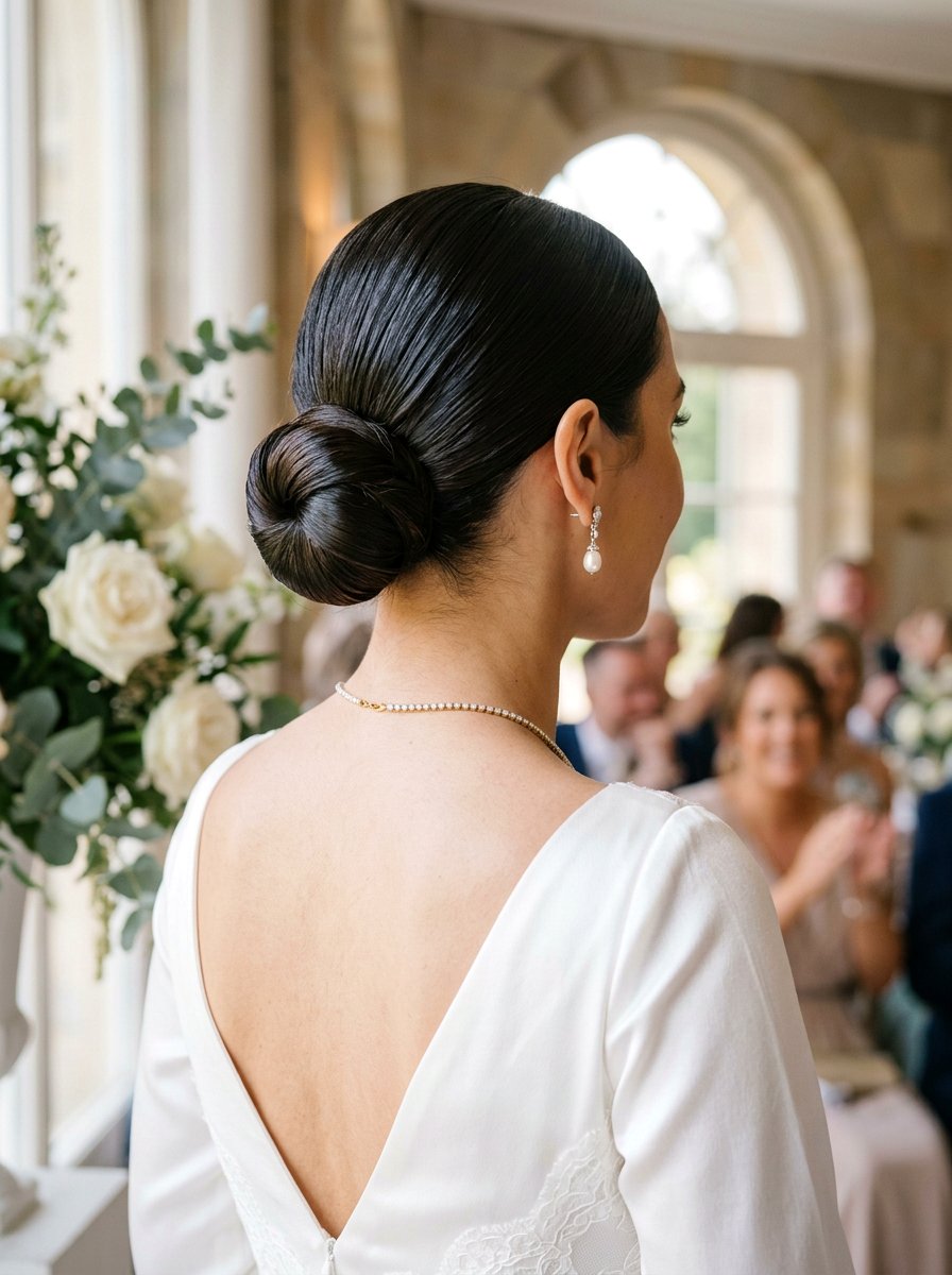 Low Slicked Back Bun - 20 wedding hairstyles for fine thin hair - 20 wedding hairstyles for fine thin hair