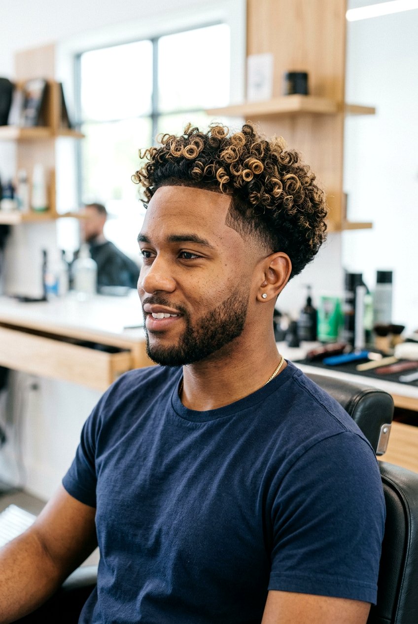 Low Taper Curly Hair with Blonde Highlights - 20 curly taper cut with blonde highlights - 20 curly taper cut with blonde highlights