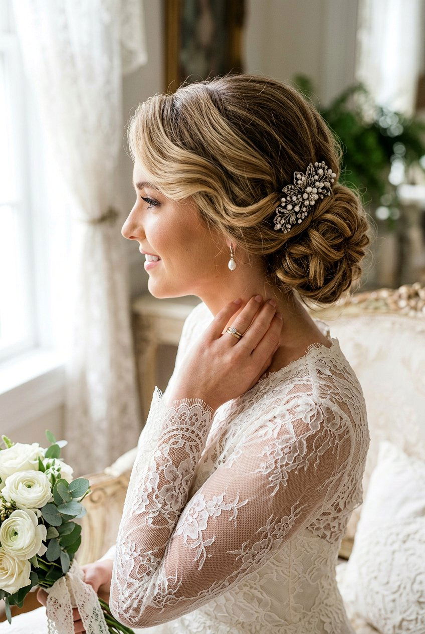 Low Textured Bun For Vintage Inspired Bride - 20 low textured bun for bride - 20 low textured bun for bride