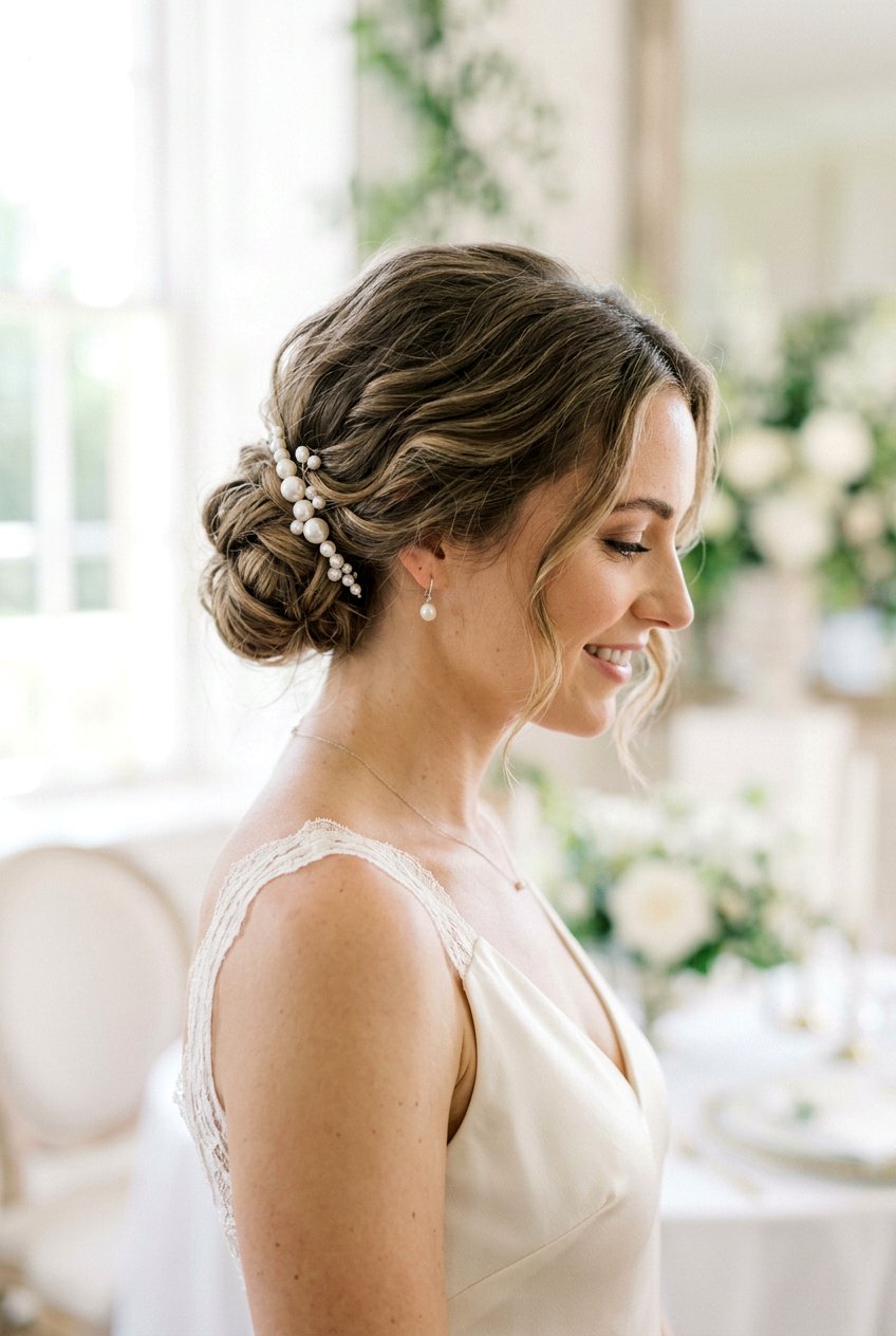 Low Textured Bun With Hair Accessories - 20 low textured bun for bride - 20 low textured bun for bride