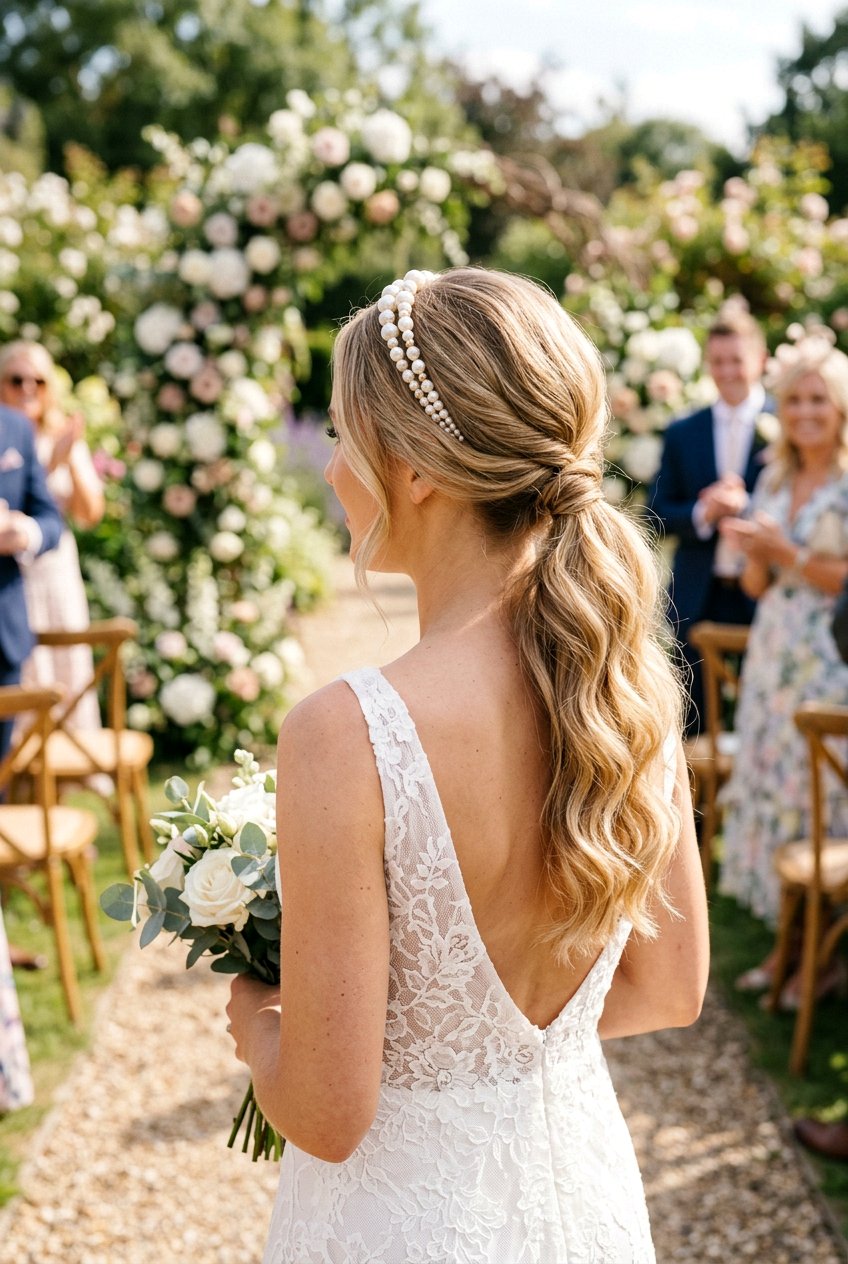 Low Textured Ponytail With Pearl Headband - 20 bridal hairstyle with pearl headband - 20 bridal hairstyle with pearl headband