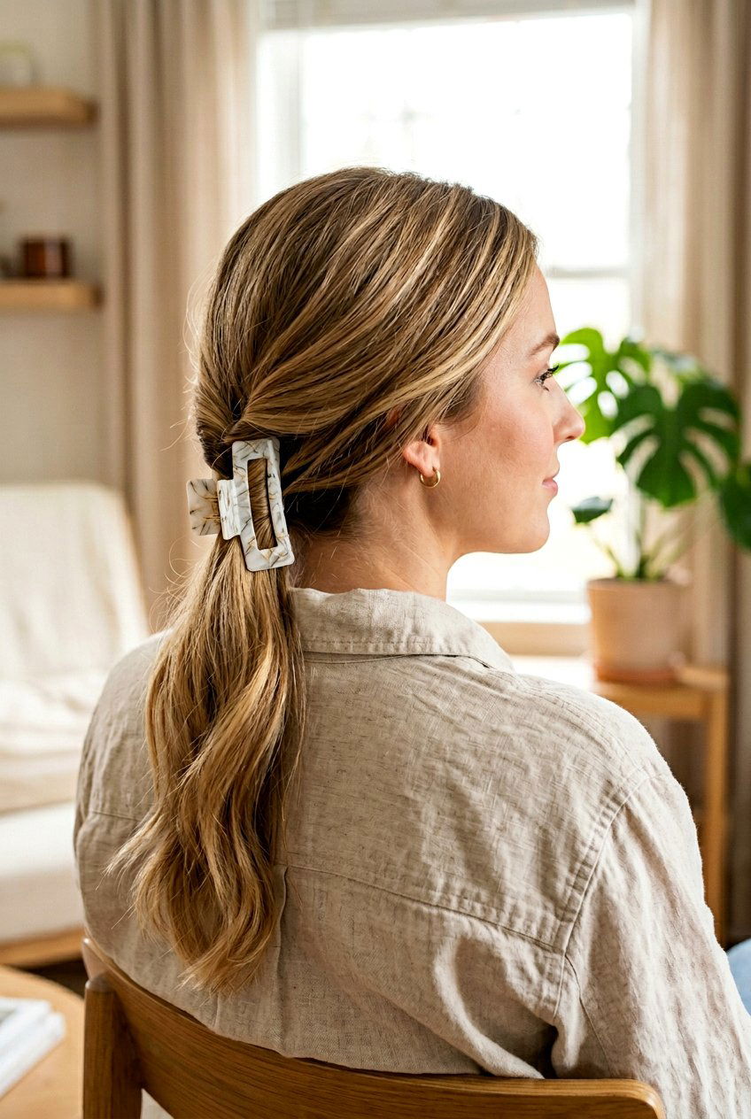 Low Topsy Tail - 20 easy claw clip hairstyles for long hair - 20 easy claw clip hairstyles for long hair