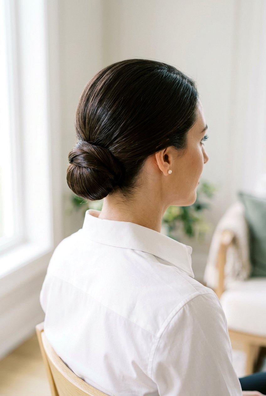 Low Tucked Chignon - 20 mom polished date night hairstyle - 20 mom polished date night hairstyle