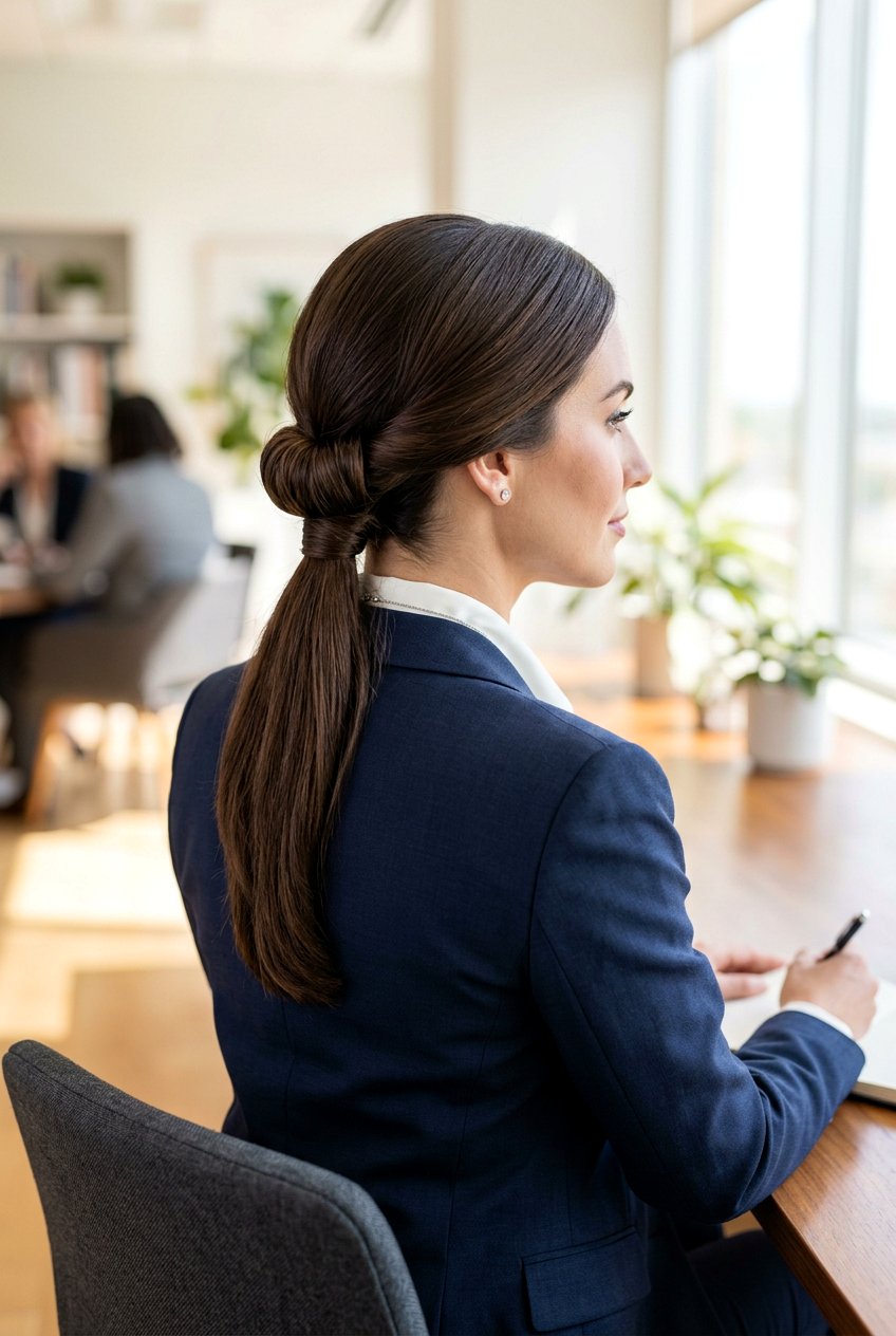 Low Tucked Ponytail For Humidity - 20 work hairstyle for humid weather - 20 work hairstyle for humid weather