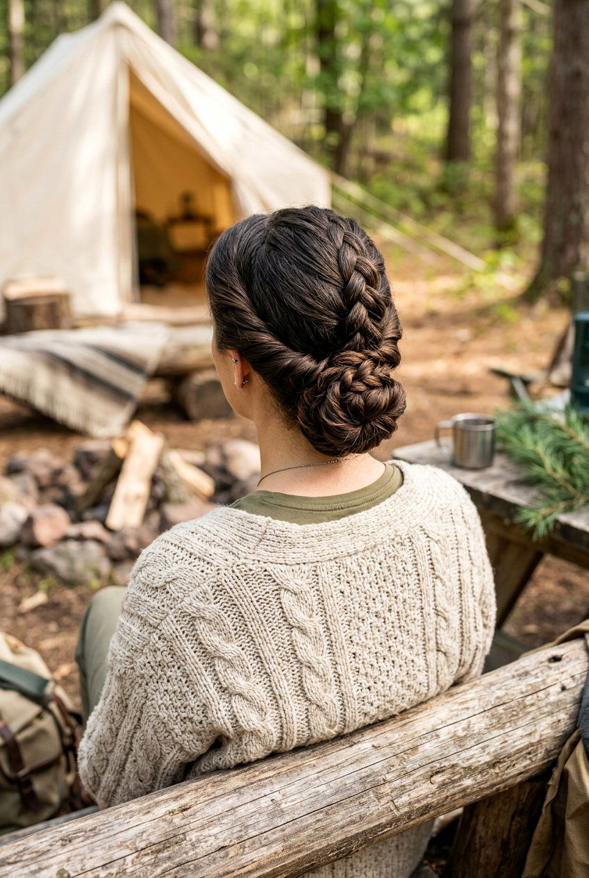 Low Twisted Braided Bun For Camping - 20 camping braid bun hairstyle - 20 camping braid bun hairstyle