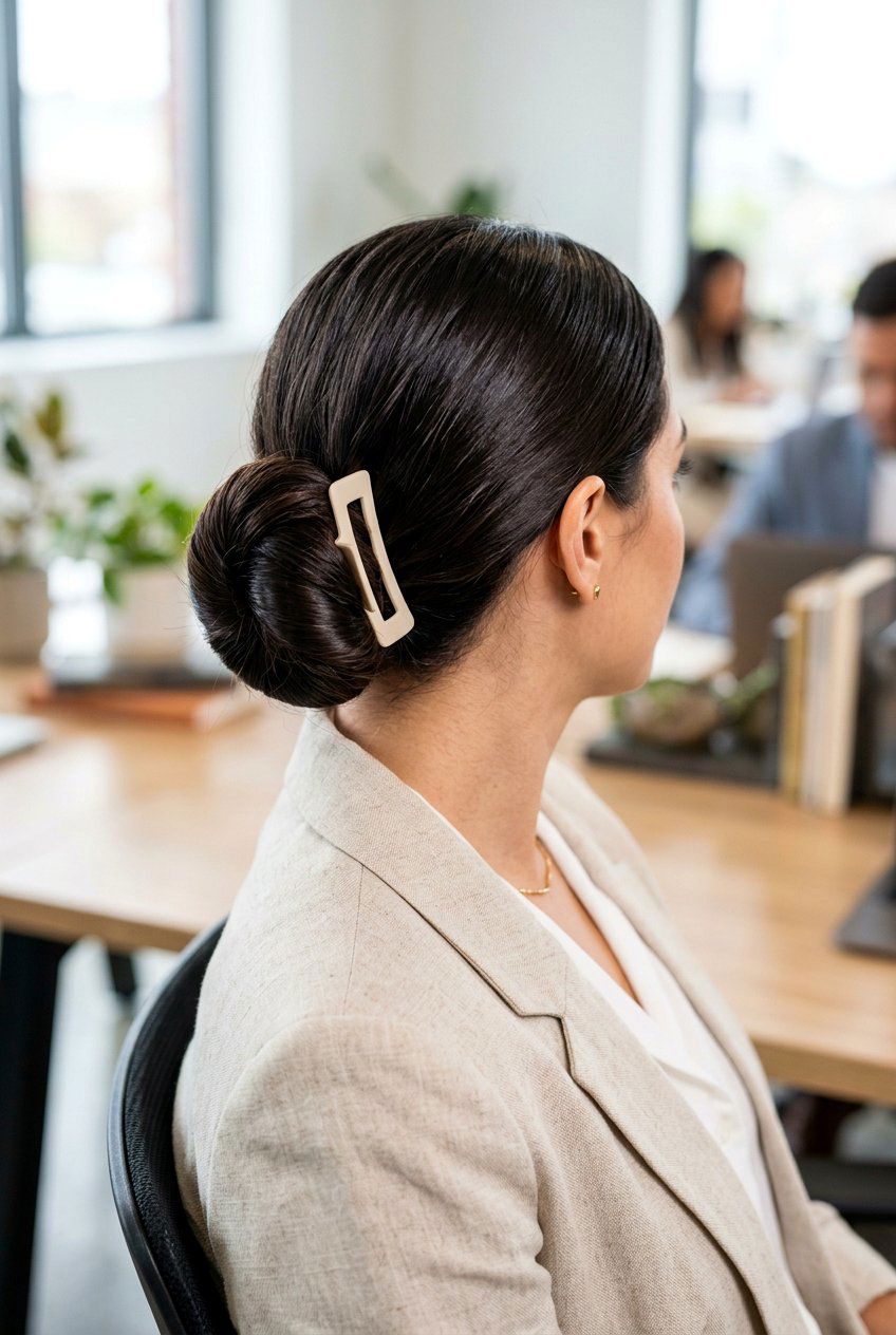 Low Twisted Bun - 20 dorm friendly claw clip hairstyle - 20 dorm friendly claw clip hairstyle