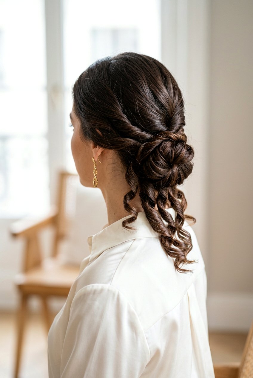 Low Twisted Bun - 20 easy work hairstyle for long curly hair - 20 easy work hairstyle for long curly hair