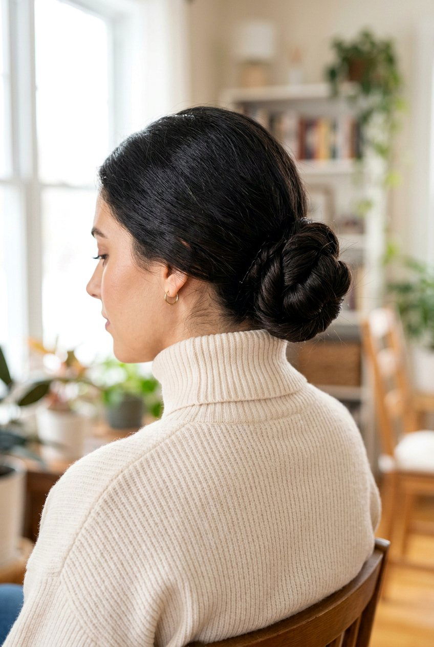 Low Twisted Bun - 20 school hairstyle for long thick hair - 20 school hairstyle for long thick hair