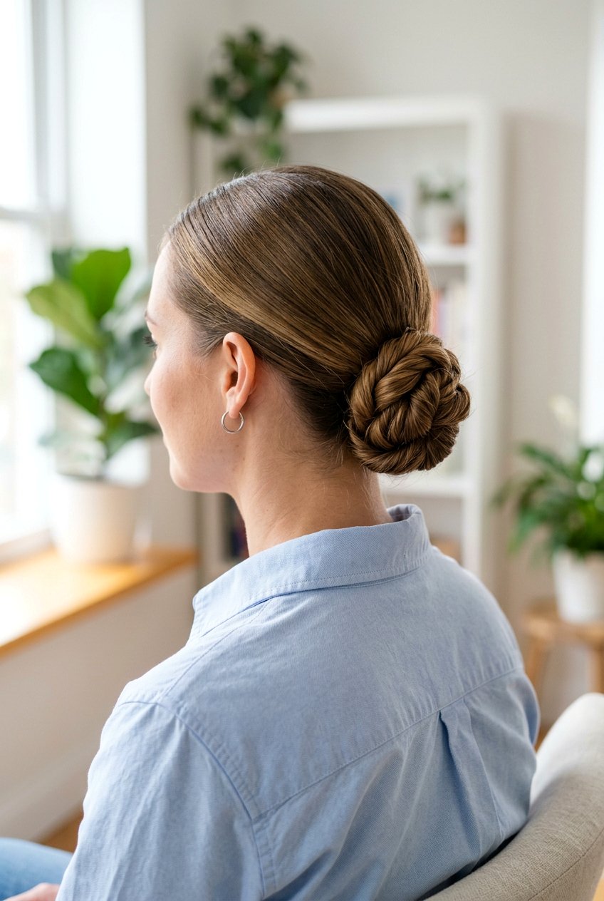 Low Twisted Bun For Professional Zoom Calls - 20 tidy hairstyles for work from home - 20 tidy hairstyles for work from home