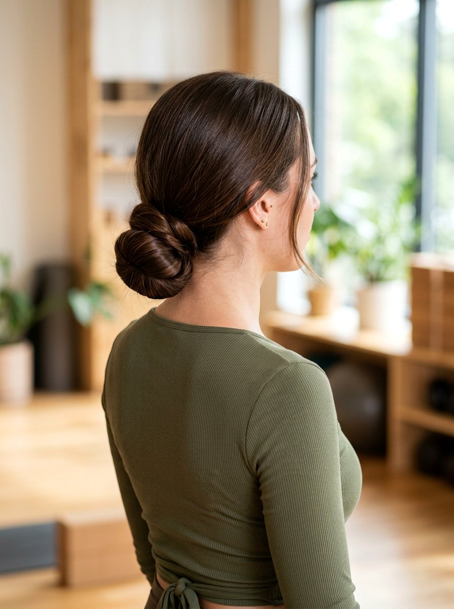 Low Twisted Bun For Yoga - 20 yoga hairstyles for long hair - 20 yoga hairstyles for long hair