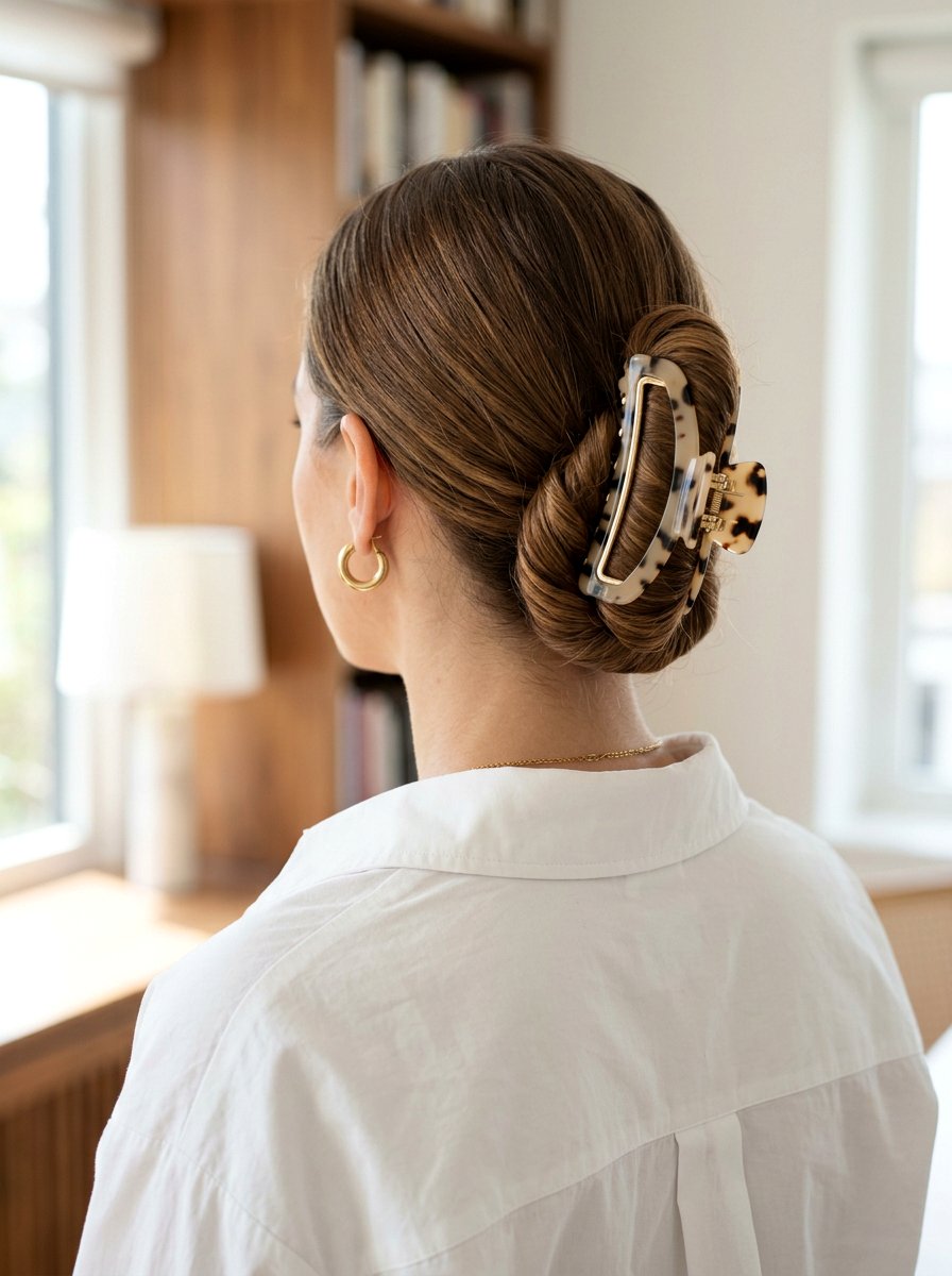 Low Twisted Bun With Claw Clip - 20 office hairstyle with claw clip twist - 20 office hairstyle with claw clip twist