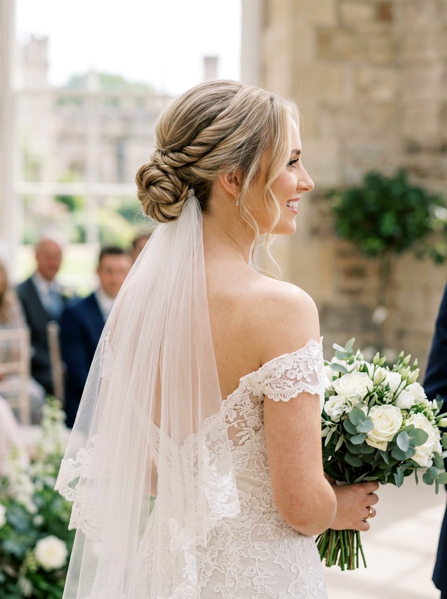 Low Twisted Bun With Fingertip Veil - 20 veil friendly wedding updo - 20 veil friendly wedding updo