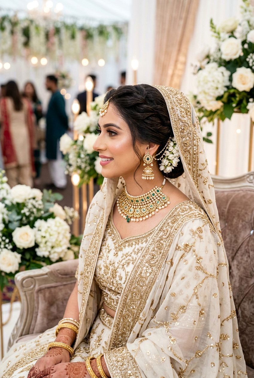 Low Twisted Bun with Dupatta Walima Hairstyle - 20 walima hairstyles - 20 walima hairstyles