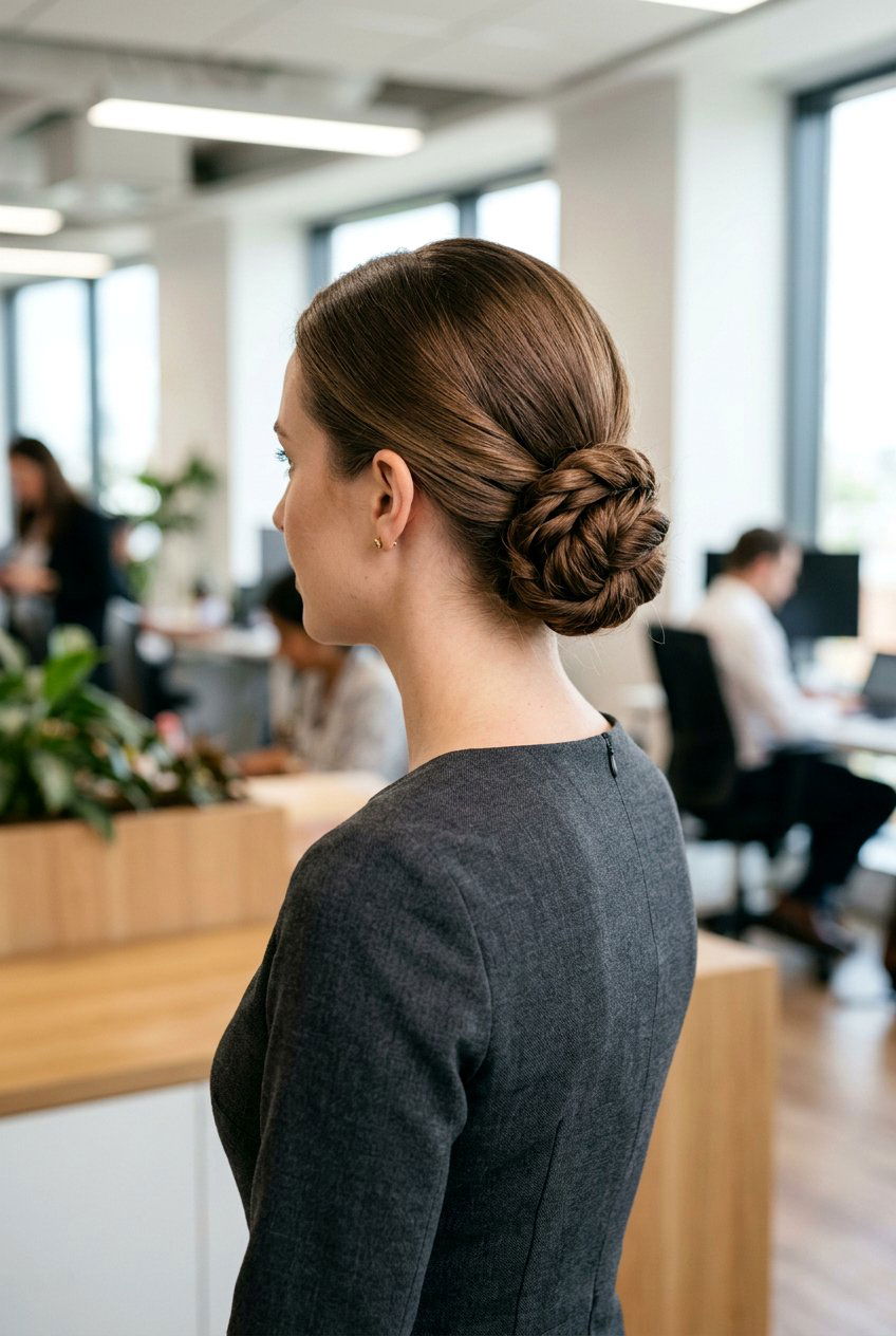 Low Twisted Office Bun - 20 minimalist office bun hairstyle - 20 minimalist office bun hairstyle
