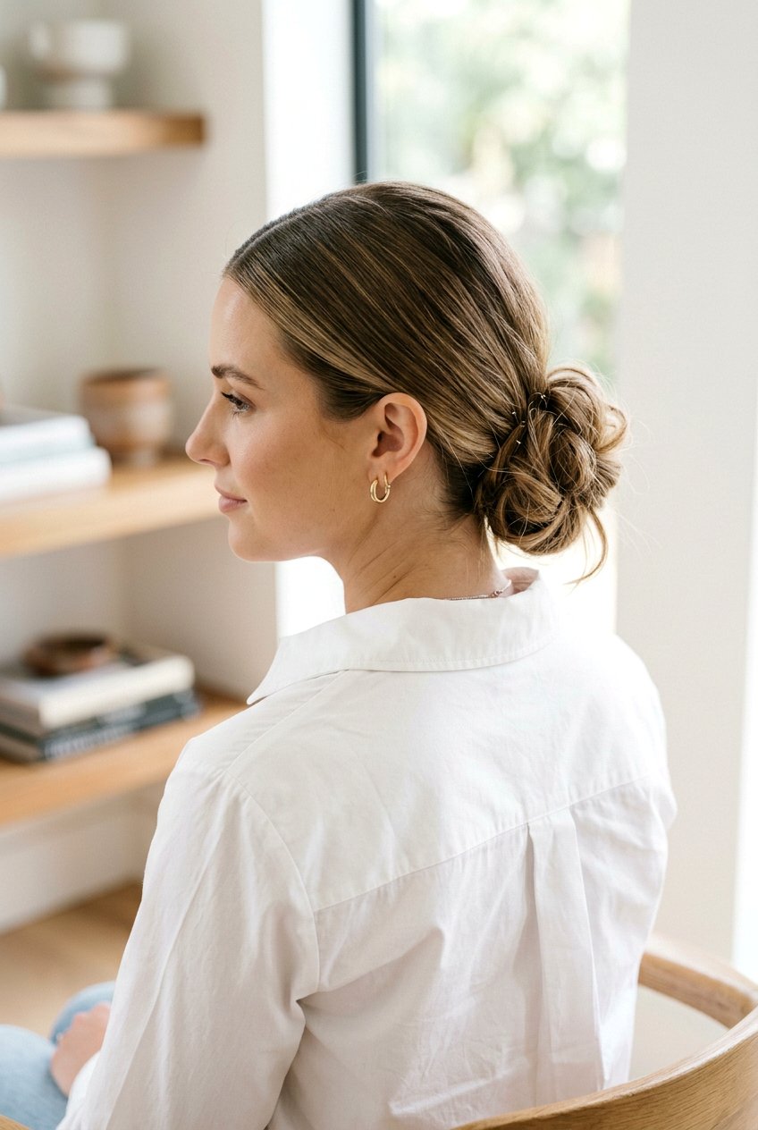 Low Undone Bun With Center Part - 20 undone bun hairstyles - 20 undone bun hairstyles