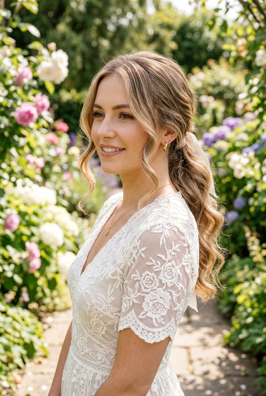 Low Wavy Ponytail With Face Framing Pieces - 20 wedding ponytail with waves - 20 wedding ponytail with waves