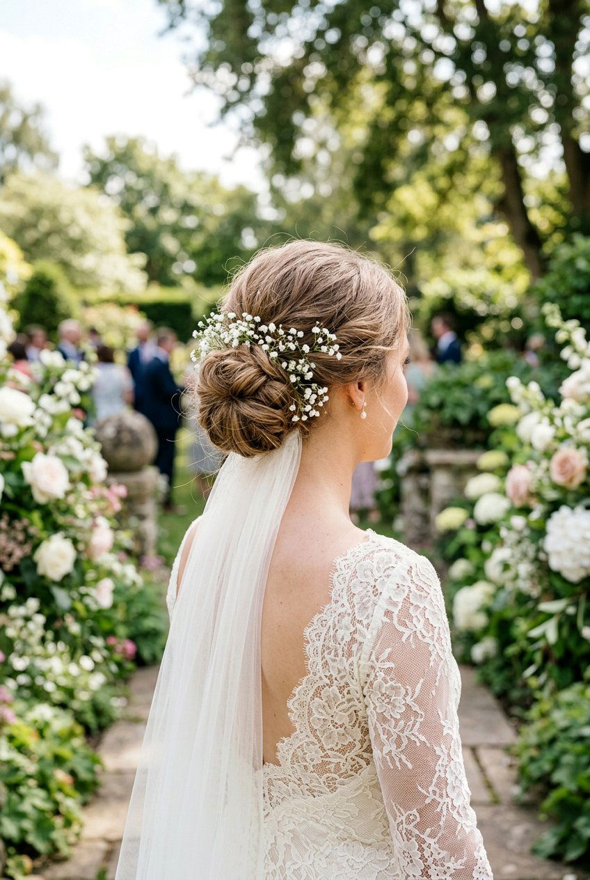 Low Wedding Bun With Babys Breath - 20 wedding bun with flowers - 20 wedding bun with flowers