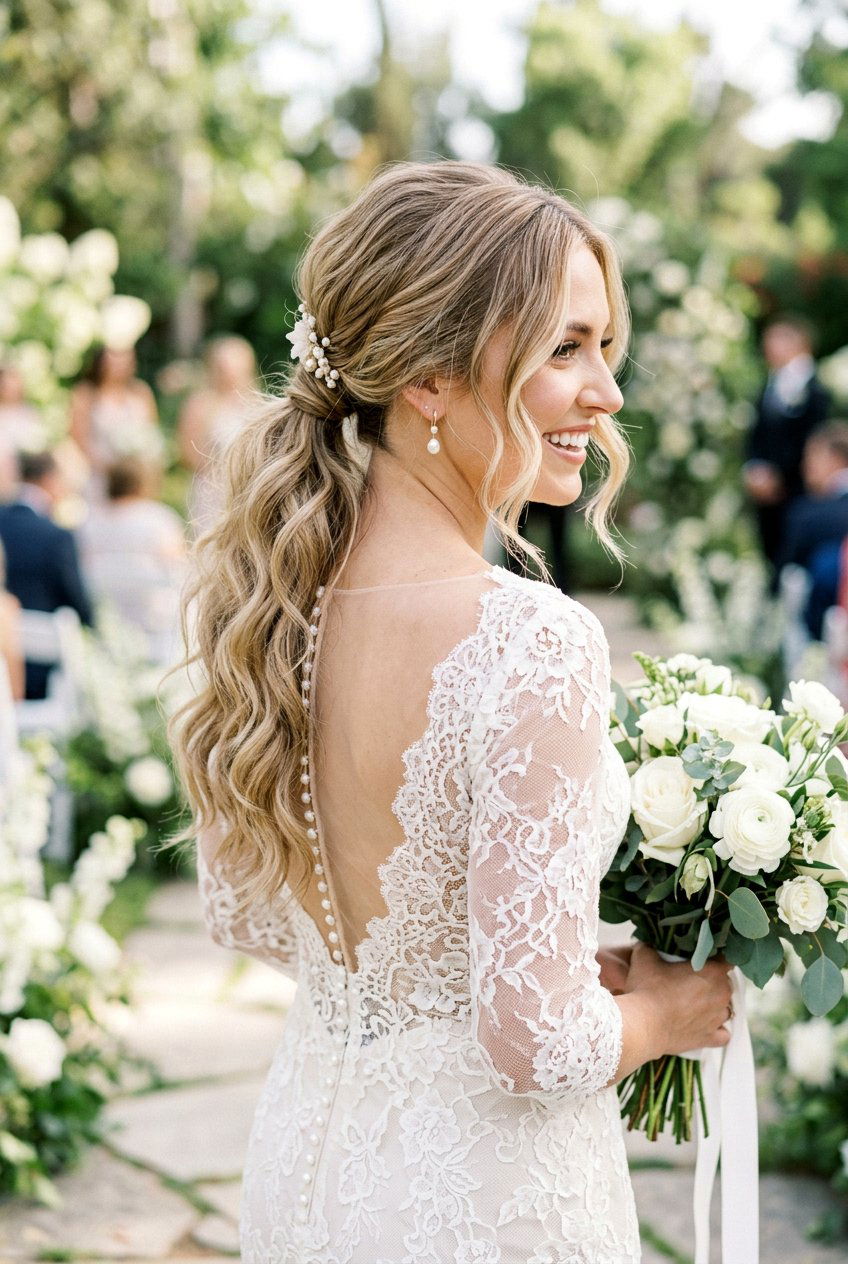 Low Wedding Ponytail With Soft Waves - 20 wedding ponytail with waves - 20 wedding ponytail with waves