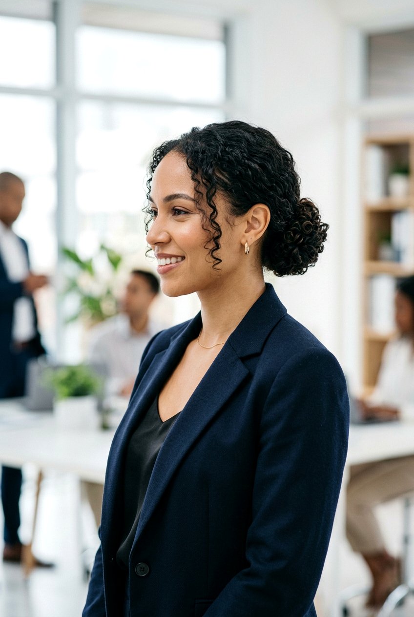 Low bun curly hair - 20 interview hairstyle for curly hair women - 20 interview hairstyle for curly hair women